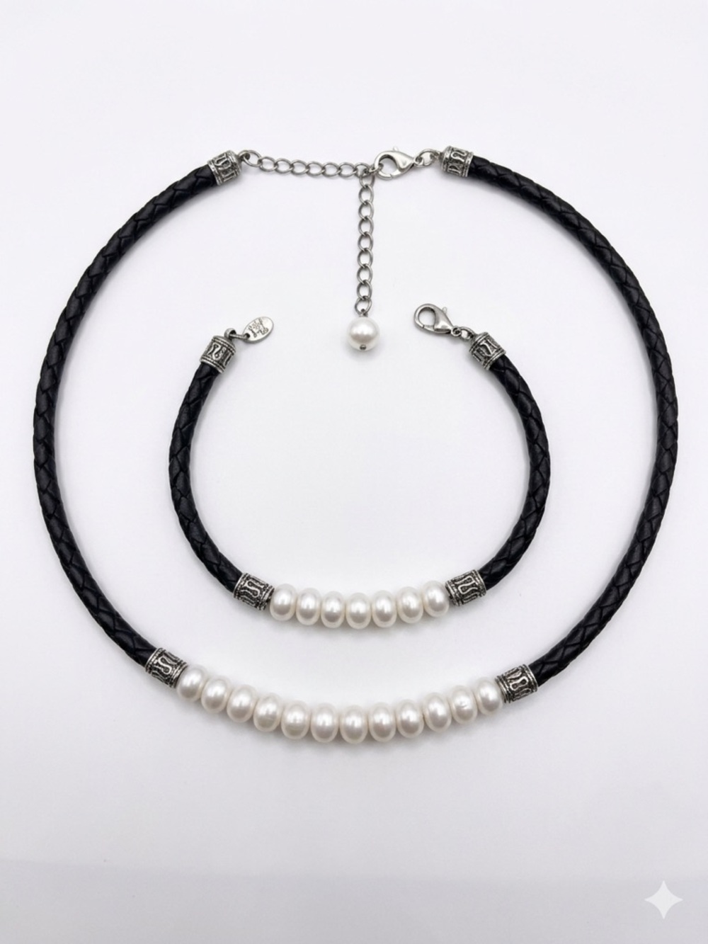 925 Silver & Pearl Braided Leather Jewelry Set – Boho Necklace & Bracelet